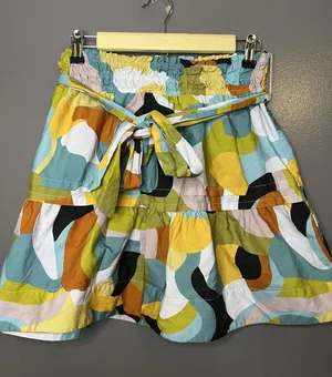 Anthropologie Skirt Womens Small Multicolor Abstract Tiered Mini Tie Waist Boho thumbnail 1
