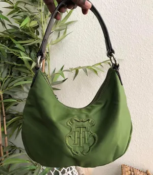 Tommy Hilfiger Unique Green large monogram print shoulder hand bag purse- preppy, schoolgirl, collegiate, academia Approx 9.5” wide x 5.5” tall Great preloved condition thumbnail 1