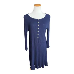 NWT Womens Anthropologie Blu Pepper Navy Blue Ribbed Button Baby Doll Dress - S thumbnail 3