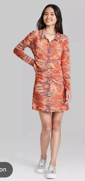 Wild Fable Long Sleeve Sheer Mesh Button Front Dress with Collar thumbnail 1