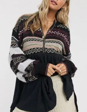 Free People Cozy Cottage Half Zip Fair Isle Waffle Pullover Sweater XS thumbnail 1