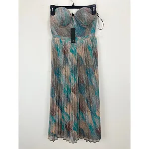 Lulus Juniva Teal Multi Abstract Print Pleated Bustier Midi Dress Cocktail S NWT thumbnail 6
