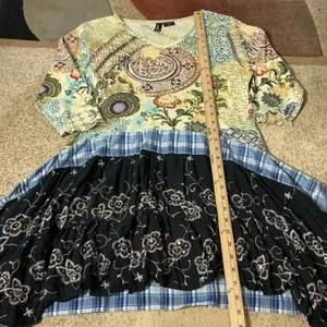 Zashi Womens Lagenlook XL Mixed Media Boho Tunic Top Plaid‎ Floral Handkerchief thumbnail 6