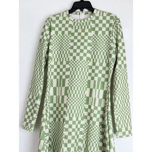 Green & white Checkerboard Midi Dress Size L Optical Illusion Wavy Mock Neck thumbnail 2