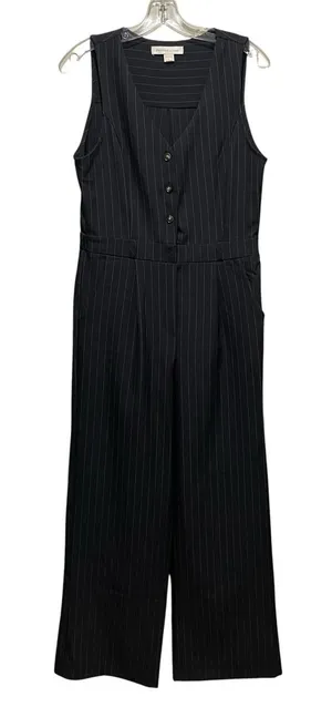 Monteau Los Angeles Jumpsuit Black Pinstripe Women’s Size Large Wide Leg thumbnail 1