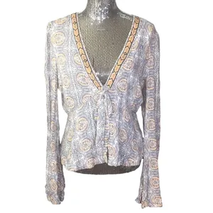 Free People Time of Your Life Blouse Ivory Combo Bell sleeves thumbnail 4