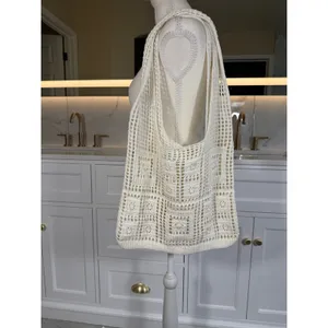 Crochet Mesh Tote Bag Women OS Ivory Open Knit Boho Shoulder Market Beach Bag thumbnail 3