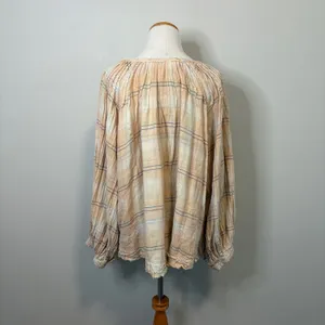 We The Free Plaid Lace Up Blouse Long Sleeve Gauzy Cotton Boho Flowy Blend Large thumbnail 3