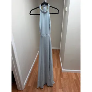 Dessy Collection Stand Collar Halter Maxi Dress Criss Cross Open-back Mist 4 thumbnail 3