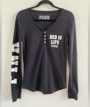 Victoria’s Secret Pink Black Henley Waffle Knit Sleep Shirt Size Large thumbnail 1