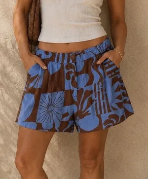 Paper Heart Abstract Floral Linen Blend High Rise Shorts Womens M Brown Blue thumbnail 1