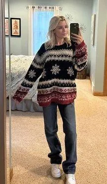 Vintage Red, White, and Blue Striped Snowflake Grandpa Sweater thumbnail 2