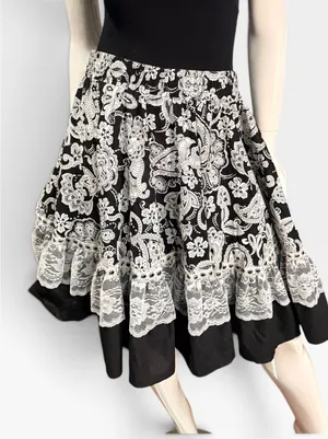 Black White Paisley Floral Lace Tiered Skirt Smocked Waist Boho Knee milkmaid XL thumbnail 1