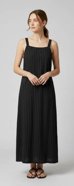 VTG 90s Eddie Bauer Sleeveless Pinstripe Black Maxi Tank Dress Sz 8 (runs small) thumbnail 1