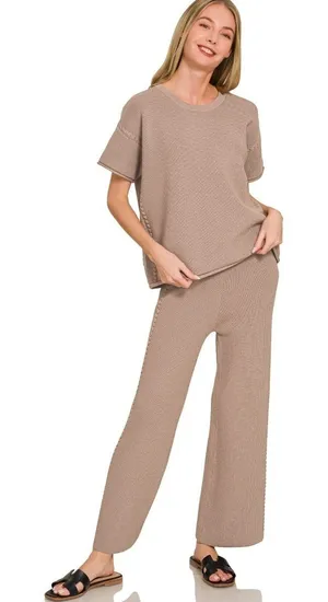 Zenana Viscose Round‎ Neck Top & Pants Set - Small thumbnail 1