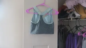 PINK Victoria's Secret seamless lightly lined sport sports bra sparkly pink on straps in gray and blue size medium. thumbnail 4