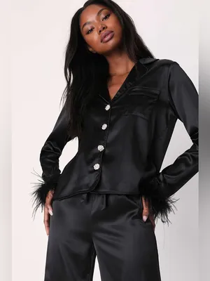 LULU’S Dreamiest Delight Black Satin Feather Two-Piece Pajama Set thumbnail 5