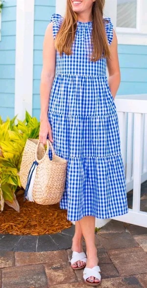 NWT J.Crew Tiered Ruffle-Sleeve Midi in Sapphire Gingham Cotton Dress XS thumbnail 1