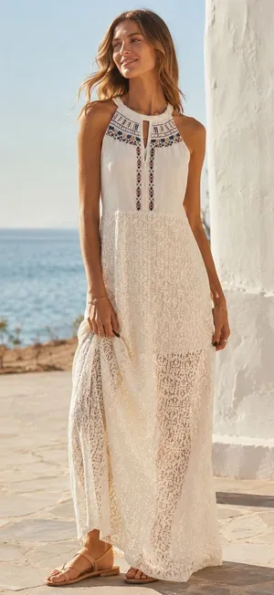 Gentle Fawn Gream Lace Embroidered Maxi Dress Womens L Boho Festival Sleeveless thumbnail 1