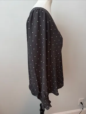 Loft V-Neck Long Sleeve Charcoal Polka Dot Blouse Top Women's Medium thumbnail 5