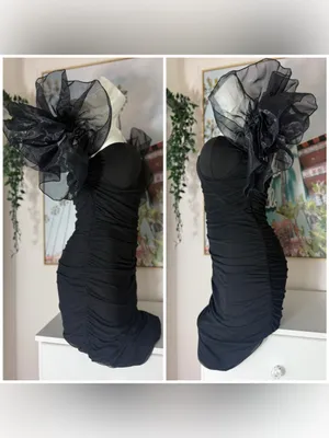 Black Ruched Bodycon Mini Dress Sweetheart Organza Ruffle Sleeves Size Small thumbnail 6