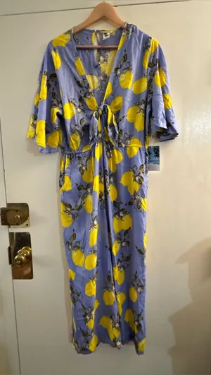 NWT Violet Sky Lemon Print Jumpsuit in Blue and Yellow XL thumbnail 1