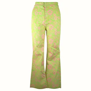 Zara Kick Flare Jeans Womens Sz 10 Green Pink Floral High Rise Crop 70s Raw Hem thumbnail 4