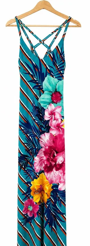 Tropical Floral Striped Crisscross Back Maxi Dress Medium‎ Side Slit thumbnail 1