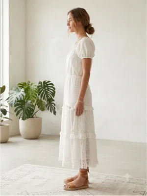 Vintage Periwinkle Lace Tiered Maxi Skirt Cream White Prairie Cottagecore M USA thumbnail 2
