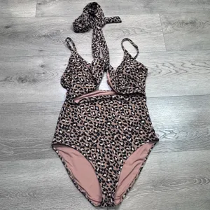 Aerie Womens Leopard Print Cutout Wrap One Piece Swimsuit Tan Black Medium‎ thumbnail 2