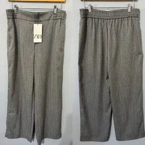 Zara Women‎ Bloggers Favorite Gray Wide Leg Herringbone Elastic Waist Pants Sz L thumbnail 6