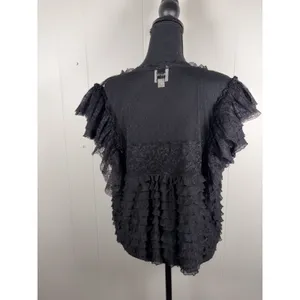 Maeve Anthropologie Black Ruffled Tulle Lace Blouse Sheer Polka Dot Mesh Top L thumbnail 4