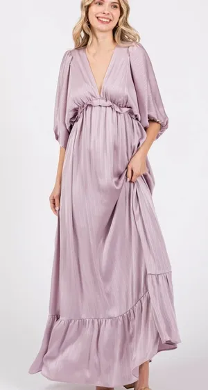 Vanilla Bay maternity long lilac V-neck pleated dress, size S thumbnail 1