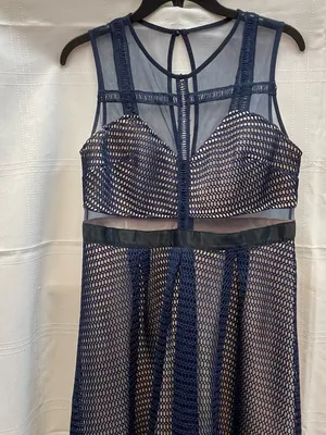 L'ATISTE L Navy Blue Wedding Guest Sheer Mesh Illusion Midi Dress Self Portrait thumbnail 3