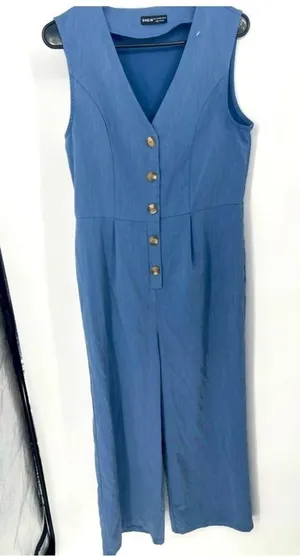 SheIn Vintage Blue Sleeveless‎ Jumpsuit V-Neck Button-Front Casual Chic size L thumbnail 1