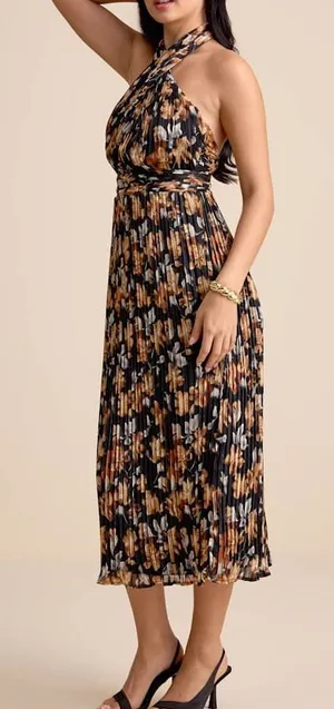 Lulus Gardena Black Floral Pleated Cross-Front Halter Midi Dress thumbnail 1