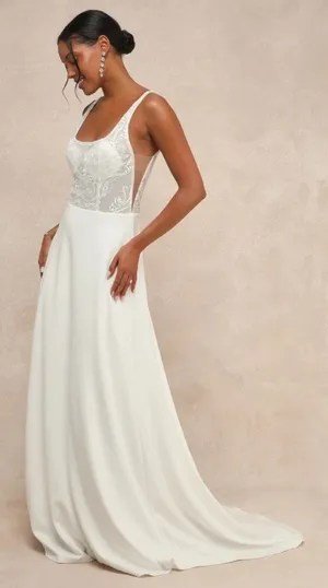 NWT Lulus Positively Romantic White Sheer Mesh Embroidered Maxi Dress Bridal S thumbnail 1