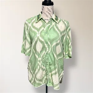 ZARA Green Cream Ikat Oversized Beaded‎ Collar Linen Blend Boho Coastal Shirt XS thumbnail 2