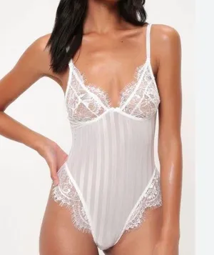 White Sheer Striped Lace Sleeveless Bodysuit From I Saw It First NEW S thumbnail 1