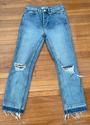 Topshop Moto Distressed Ripped Raw Hem Light Blue Y2K Jeans, size 26x30” thumbnail 1