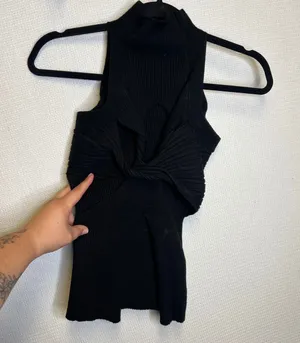Commense Black Ribbed High Neck Twist Back Sleeveless Top S OA230523064 thumbnail 1