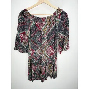 Rose & Grace Boho Patchwork Peasant Dress Rayon Off Shoulder Festival Sz‎ S thumbnail 2