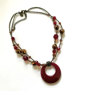 Lia Sophia red beaded double stranded pendant necklace thumbnail 4