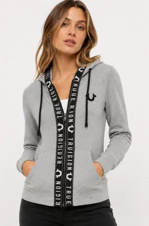 True Religion Logo Tape Zip Up Hoodie Gray Y2K Streetwear Sweatshirt Size Small thumbnail 1