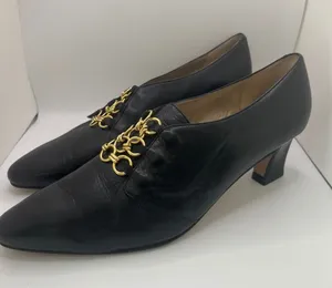 Vaneli Leather Pointed Toe Pump Gold Chain Link Women 7 Black Bridgenton‎ Style thumbnail 1