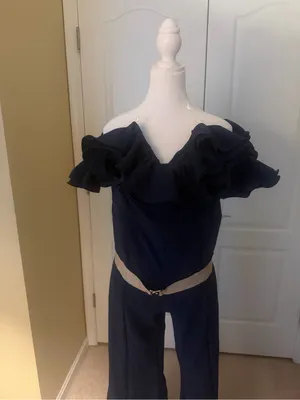 Loragal off-Shoulder Navy Ruffle Wide-Leg Jumpsuit with gold Belt side zip NWT thumbnail 5