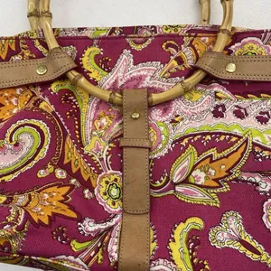 Ralph Lauren Vachetta‎ Leather Paisley Canvas Purse Handbag Round Bamboo Handle thumbnail 2