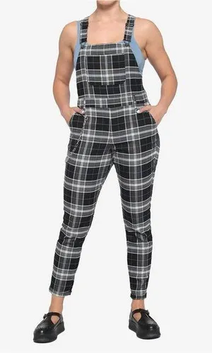 Hot Topic Gray Black Blue Goth Grunge Emo Scene Plaid Utility Overalls thumbnail 1