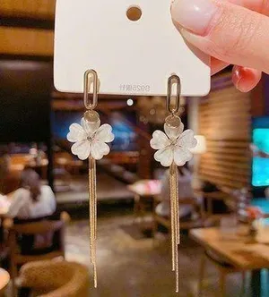 Women’s Crystal Flower Long Tassel Dangle Drop Earrings thumbnail 1