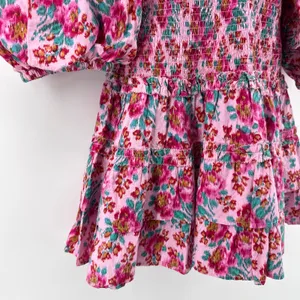 Love the Label M Audrey Smocked Pink Floral Puff Sleeve Tiered Ruffle Mini Dress thumbnail 3